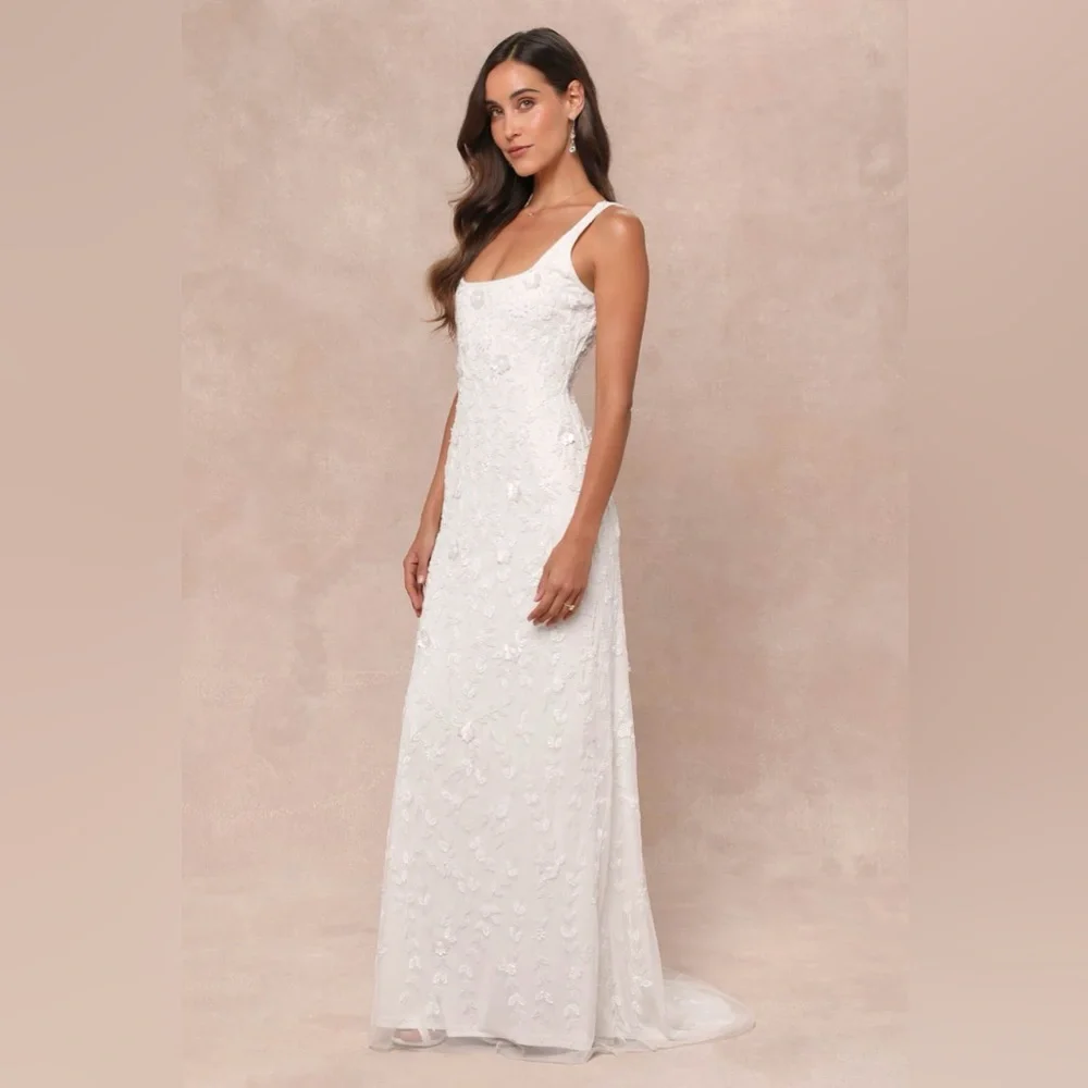 Lulu's White Embellished Square-Neck Wedding Gown - Picture 3 of 12